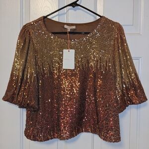 Sparkly Top Sequin Lined Women M  Formal Evening Dressy Short Sleeve Copper Gold